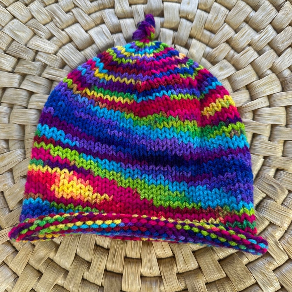 Knitted Kids Beanie Hat Rainbow Striped Knit Colorful baby toddler top knot hat